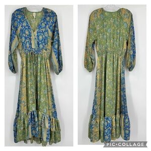Raga Printed Tiered Long Sleeve Midi Dress Green Blue Size S